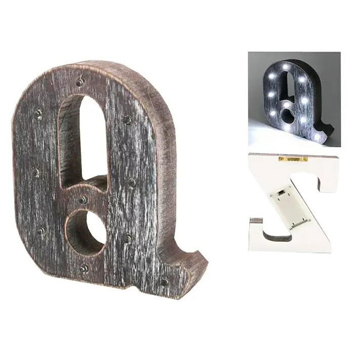 Letra LED de madera - Q, Marrón oscuro, Color de luz: Blanco neutro