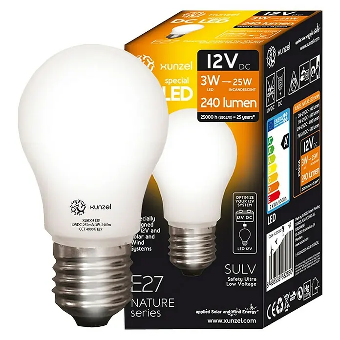 Xunzel Bombilla LED Nature - 3 W, E27, Blanco neutro, 240 lm, 12 V