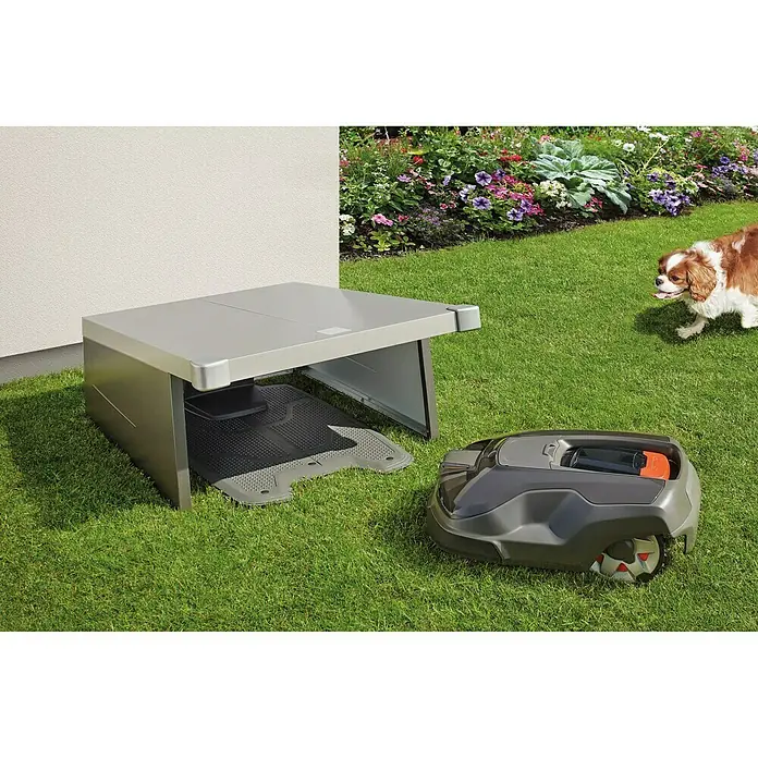 Biohort Mähroboter-Garage Charly - 70 x 58 x 49 cm, Quarzgrau Metallic, Dunkelgrau Metallic - Linke Seitenansicht