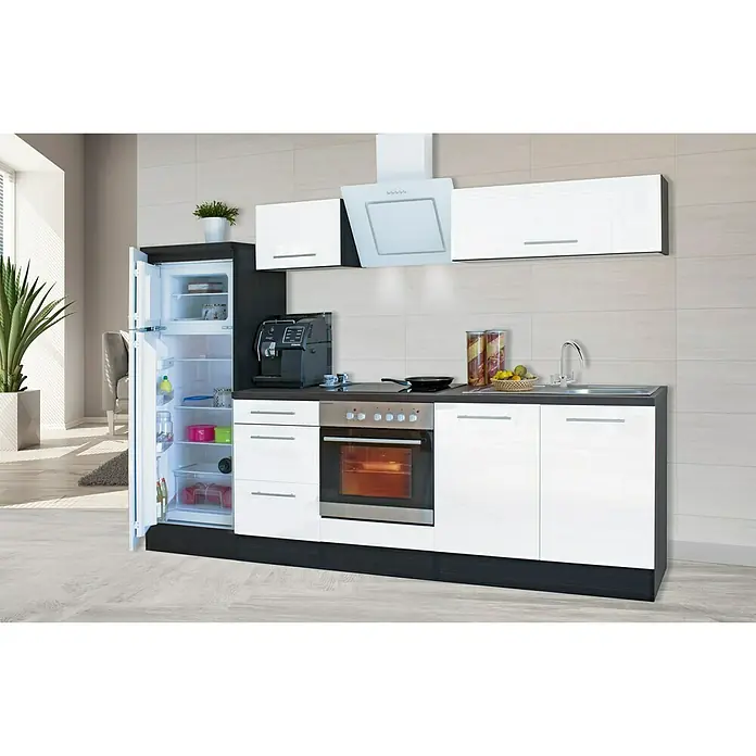 Respekta Premium Küchenzeile RP270EWCBO - Breite: 270 cm, Mit Elektrogeräten, Weiß Hochglanz