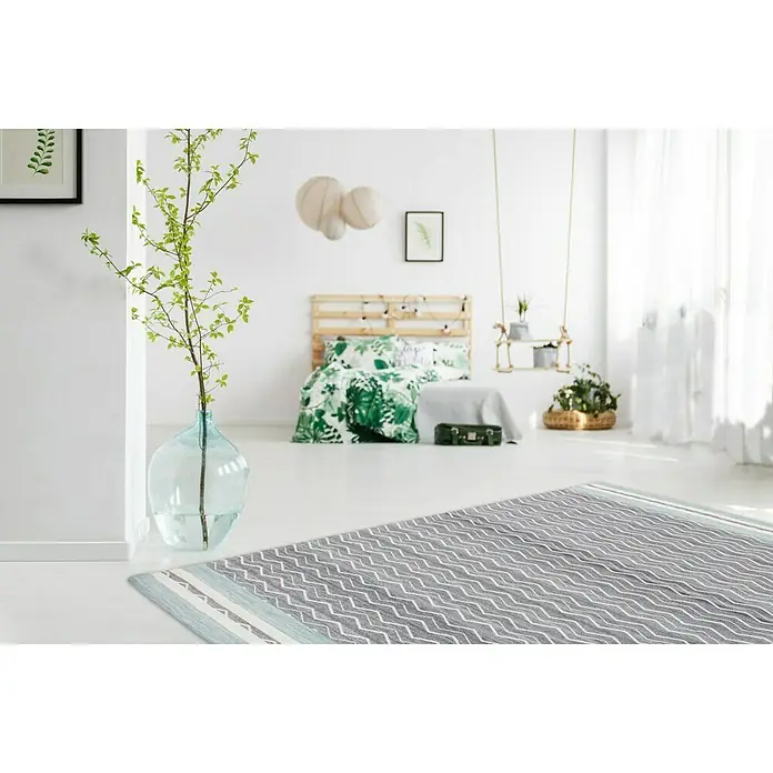 Kayoom Flachgewebeteppich Mirage - Grau/Blau, 230 x 160 cm, 80 % Wolle, 20 % Viskose - Stimmungsaufnahme