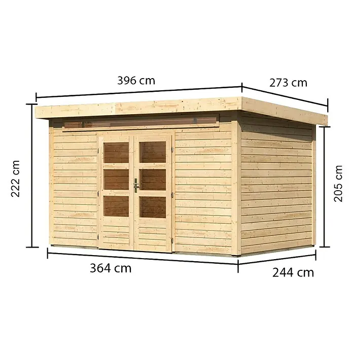 Karibu Gartenhaus Kandern 7 - 364 x 244 cm, Wandstärke: 28 mm, Flachdach, Natur - Linke Seitenansicht