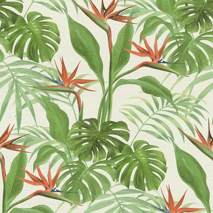Rasch Mandalay Vliestapete Strelitzie - Grün/Rot/Weiß, Floral, 10,05 x 0,53 m - Vorderansicht