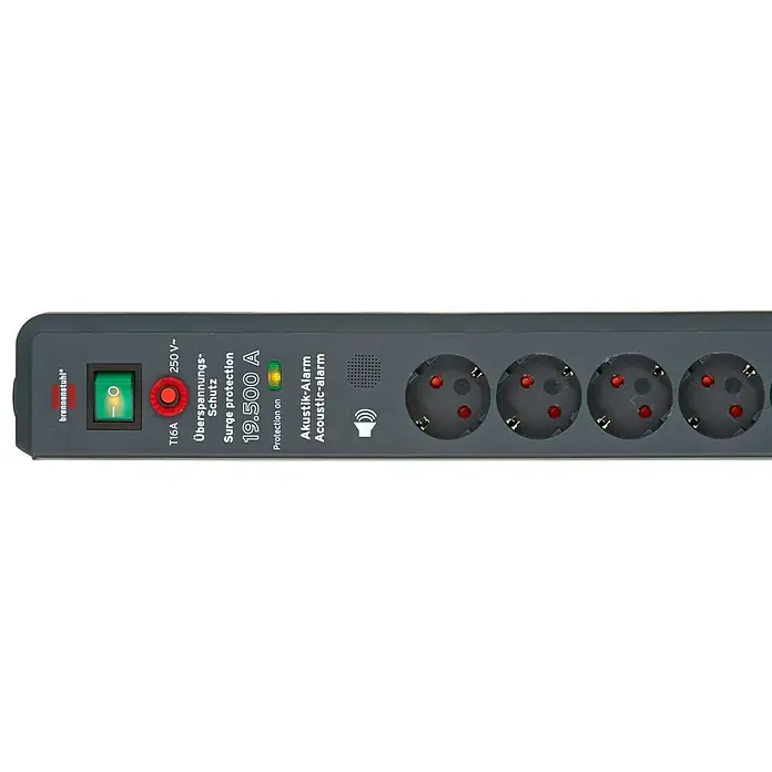 Brennenstuhl Secure-Tec Steckdosenleiste - Anzahl Steckdosen Schuko: 6 Stk., Schwarz, 3 m, 3.500 W - Vorderansicht