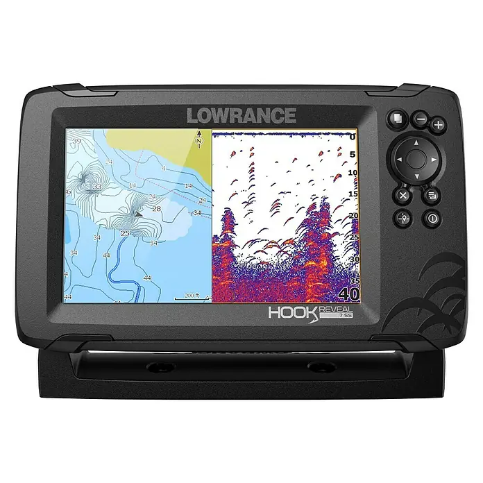 Lowrance Fishfinder Hook Reveal 7  Splitshot - Geber: Reveal 83/200 HDI-Geber, Bildschirmtyp: 7″/178 mm Solar Max Display - Vorderansicht