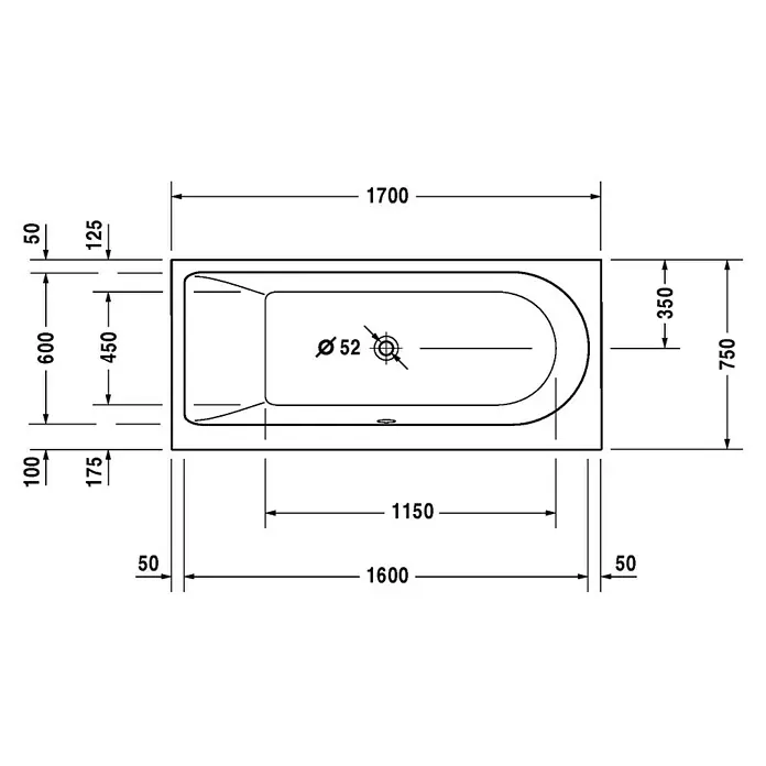 Duravit Darling New Badewanne - 170 x 75 cm, Rückenschräge Links, Sanitäracryl, Weiß - Vorderansicht