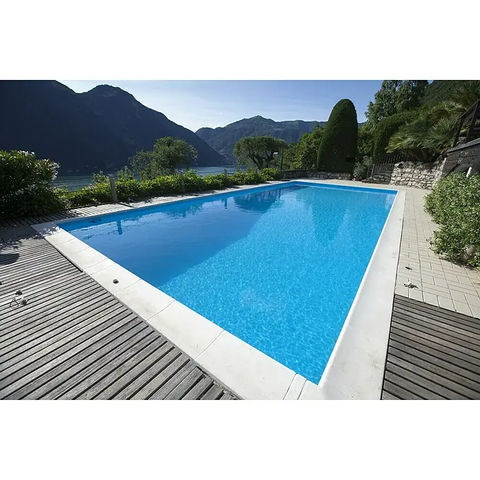 Steinbach Ökopool Classic Top - L x B x H: 700 x 350 x 145 cm, 32 m³, Blau, Ecktreppe Rechts - Vorderansicht