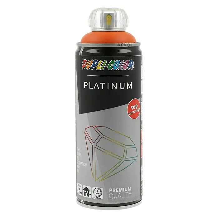 Dupli-Color Platinum Sprej s lakom u boji platinum RAL 2009 - Prometno narančaste boje, 400 ml, Svilenkasti mat - Pogled sprijeda