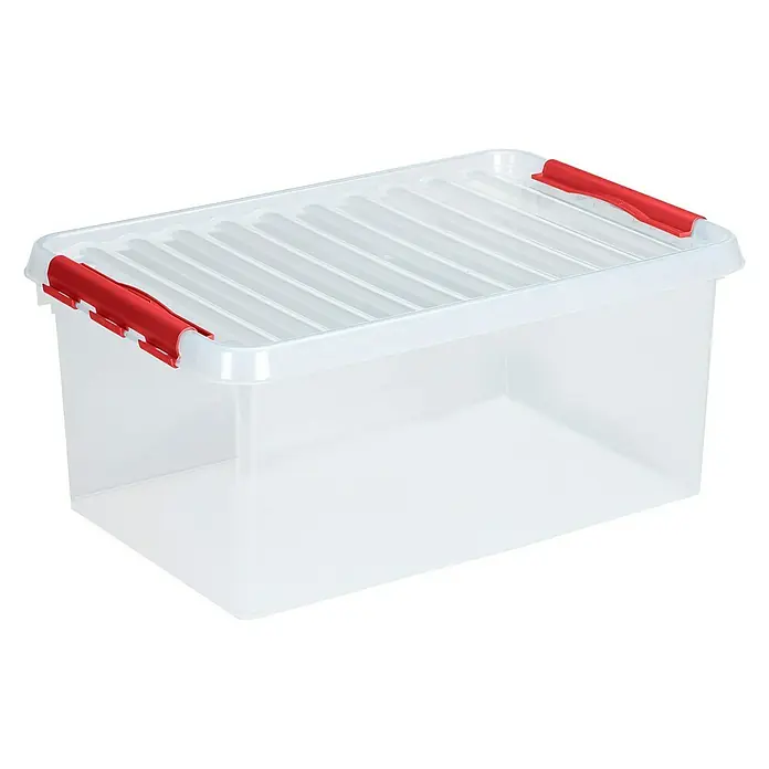 Sunware Aufbewahrungsbox Q-Line - L x B x H: 60 x 40 x 26 cm, Kunststoff, Transparent, Farbe Griff: Rot - Linke Seitenansicht