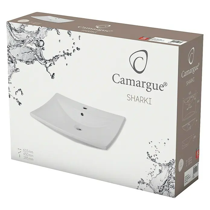 Camargue Waschtisch Sharki - 61,5 x 45 cm, Ohne Spezialglasur, Hahnloch: Mitte, Mit Überlauf, Weiß