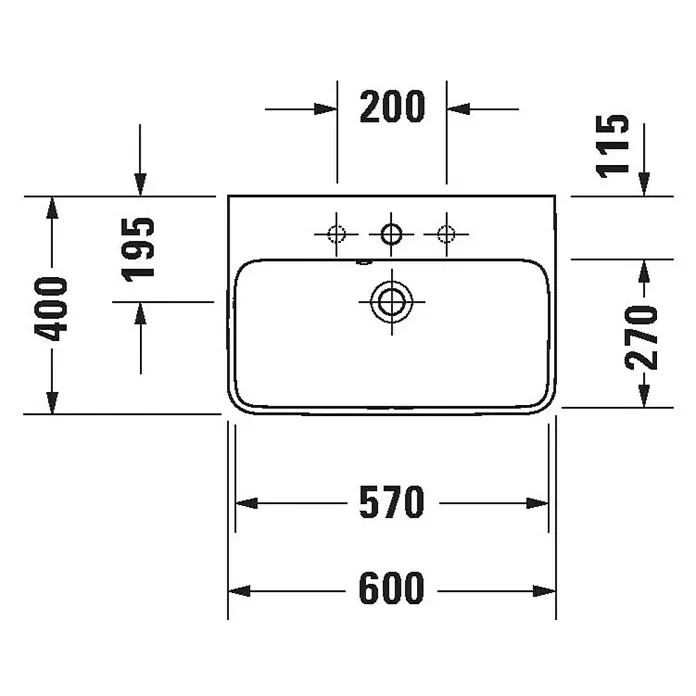 Duravit ME by Starck Waschtisch Compact - 60 x 40 cm, Mit schmutzabweisender Glasur, Hahnloch: Mitte, Mit Überlauf, Weiß - Skizze