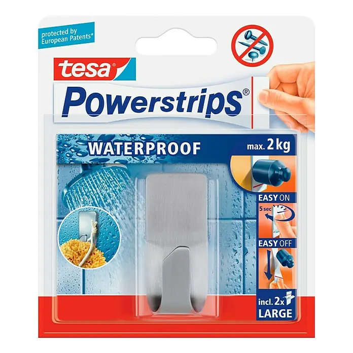 Tesa Powerstrips Waterproof Wandhaken - 1 Stk., Edelstahl - Vorderansicht