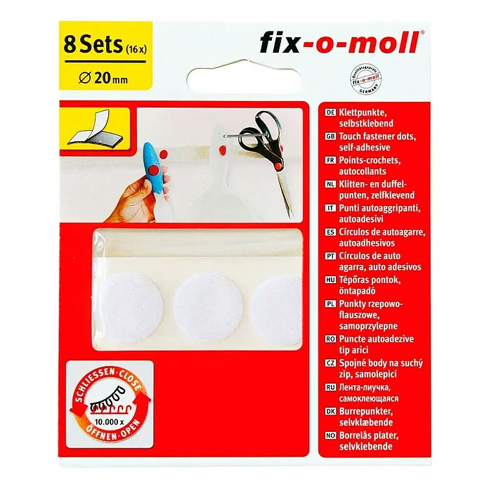 Fix-o-moll Gumb na čičak - Promjer: 20 mm, Bijele boje, Samoljepljivo, 8 kom - Pogled odozgo