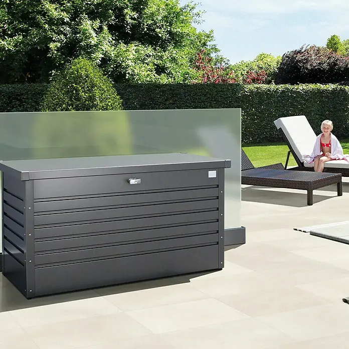 Biohort Garten-Aufbewahrungsbox FreizeitBox 130 - L x B x H: 134 x 62 x 71 cm, Dunkelgrau Metallic, Stahl - Vorderansicht
