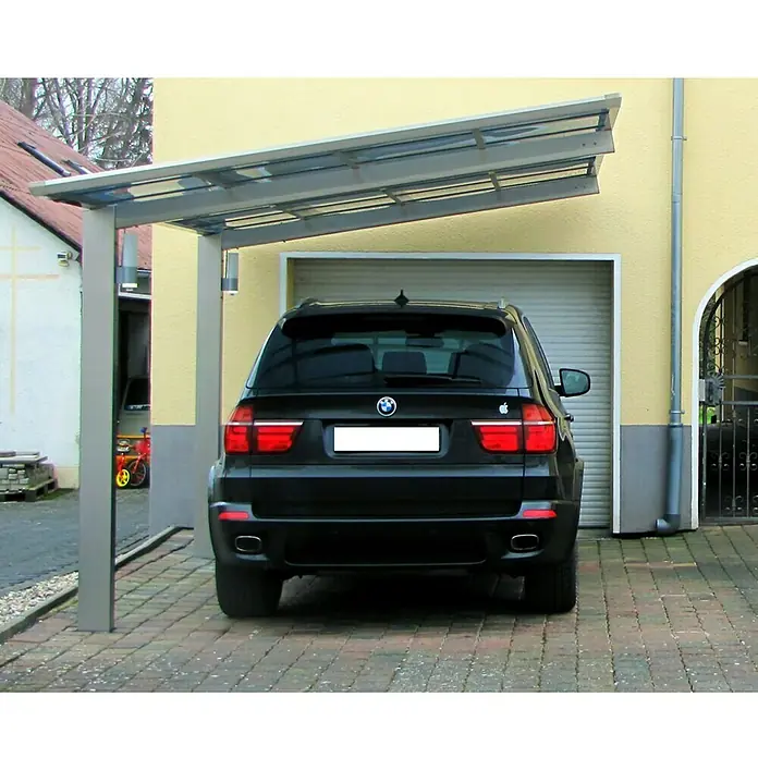 Ximax Carport LINEA 80 - 4,9 x 2,7 m, Einfahrtshöhe: 2,2 m, Edelstahloptik, Schneelast: 100 kg/m² - Vorderansicht