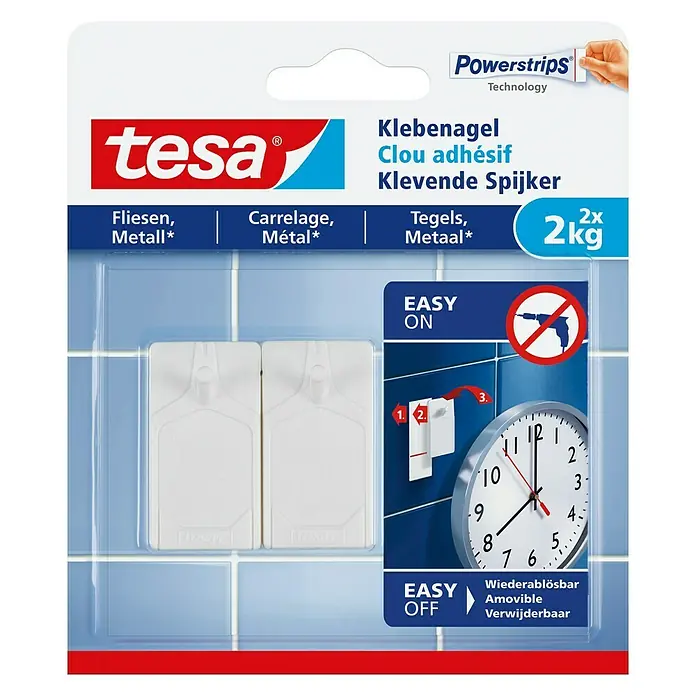 Tesa Klebenagel - Geeignet für: Fliesen, Belastbarkeit: 2 kg, 2 Stk., Weiß - Vorderansicht