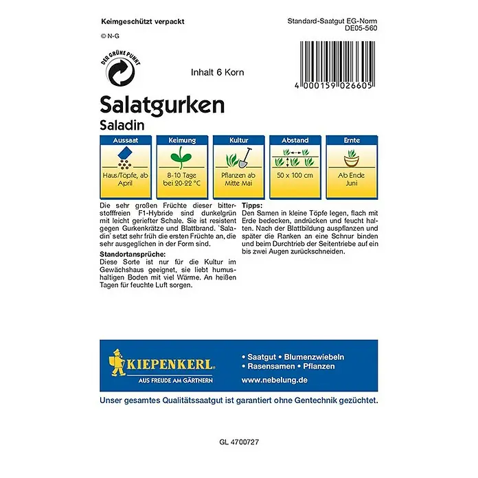 Kiepenkerl Profi-Line Gemüsesamen Gurke Saladin F1 - Cucumis sativus, Erntezeit: Juni - Rückansicht