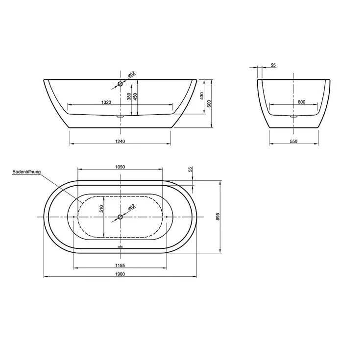 Ottofond Freistehende Badewanne Dorado - 190 x 90 cm, Sanitäracryl, Weiß - Ansicht von oben