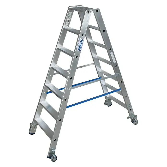 Krause Stabilo Stufen-Doppelleiter Fahrbar - Arbeitshöhe: 3,2 m, Anzahl Tritte: 2 x 7 Stufen, Tiefe Stufen: 80 mm, Material: Aluminium, Fahrbar - Linke Seitenansicht