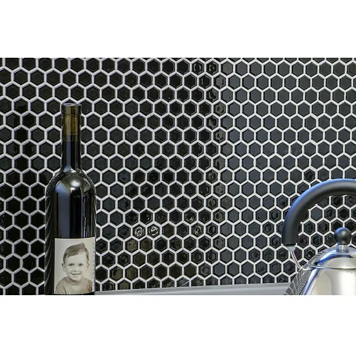 Mosaikfliese Hexagon Uni HX 060 - 26 x 30 cm, Schwarz, Glänzend - Detailaufnahme