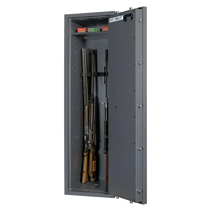 Stabilit Waffenschrank Country 205 - Geeignet für: Gemeinsame Aufbewahrung von Waffen und Munition, Einstellhöhe: Max. 1.318 mm, Doppelbart-Hochsicherheitsschloss, Halterungen: 5 - Vorderansicht