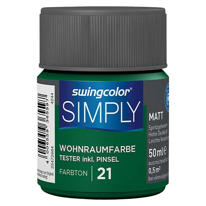 swingcolor Boja za zid SIMPLY Tester - Zelena – br. 21, 50 ml, Mat - Pogled sprijeda
