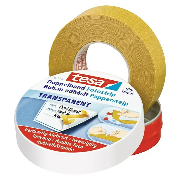 Tesa Doppelband Fotostrip - 10 m x 15 mm, Inkl. Metalldose - Vorderansicht