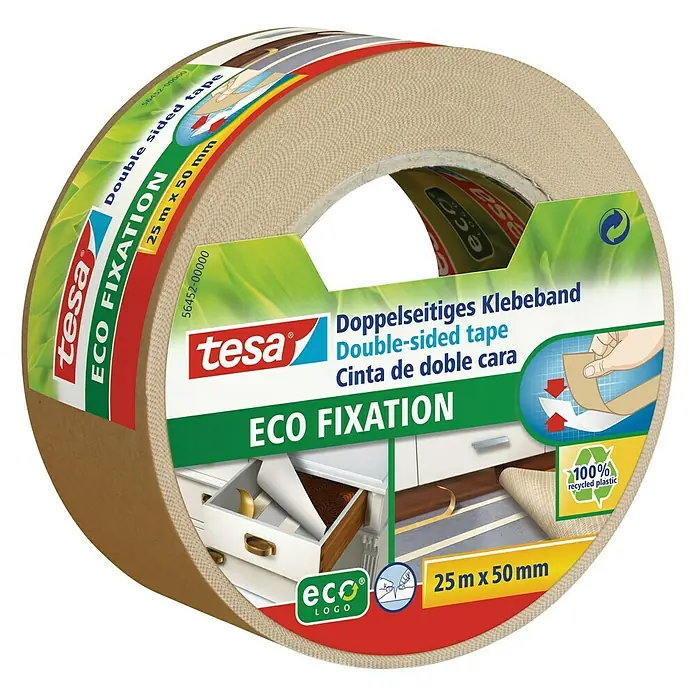 Tesa Doppelseitiges Klebeband Eco Fixation - 25 m x 50 mm, Beidseitig selbstklebend - Linke Seitenansicht