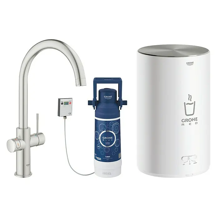 Grohe Spültischarmatur Red II Duo - C-Auslauf, Boiler: Größe M, Edelstahloptik - Vorderansicht