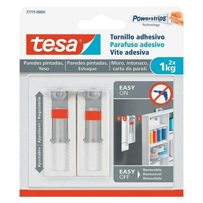 Tesa Tornillo adhesivo ajustable - Apto para: Paredes pintadas, Carga soportada: 1 kg, 2 uds.