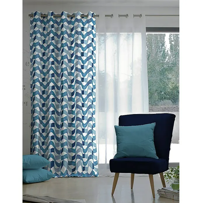 Cortina con ollaos Galicia - 140 x 260 cm, 100% poliéster, Blanco/Azul
