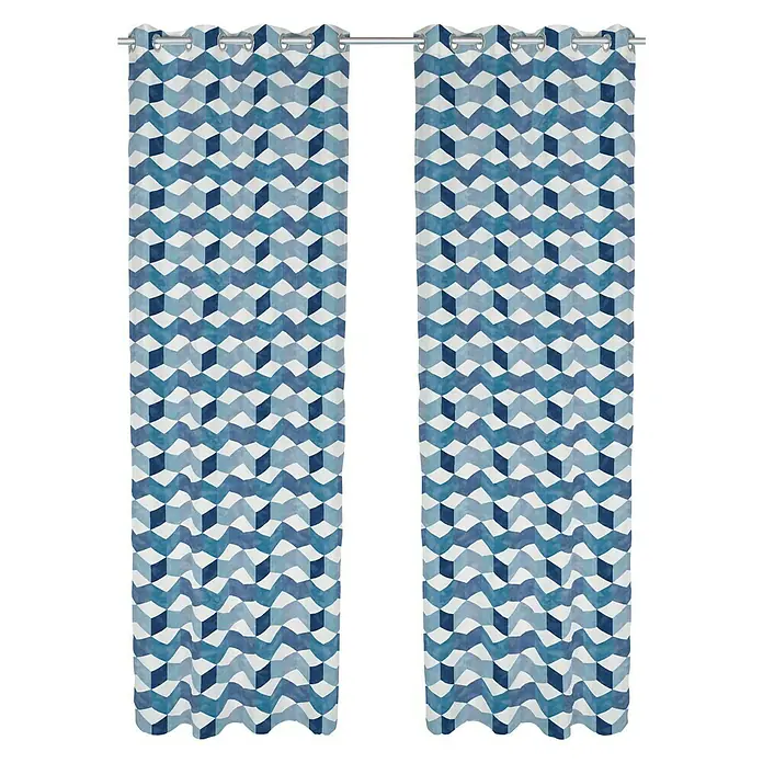 Cortina con ollaos Galicia - 140 x 260 cm, 100% poliéster, Blanco/Azul