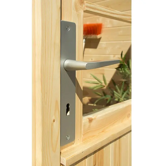 Caseta de madera Espoo 477 - 2,14 x 2,32 m, Espesor de pared: 19 mm, Natural - Primer plano