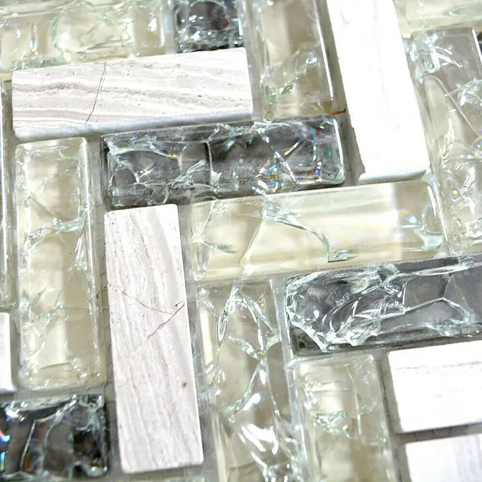 Mosaikfliese Fischgrät Crystal Mix XIC HB1552 - 26,3 x 29,3 cm, Grau/Grün, Glänzend - Detailaufnahme