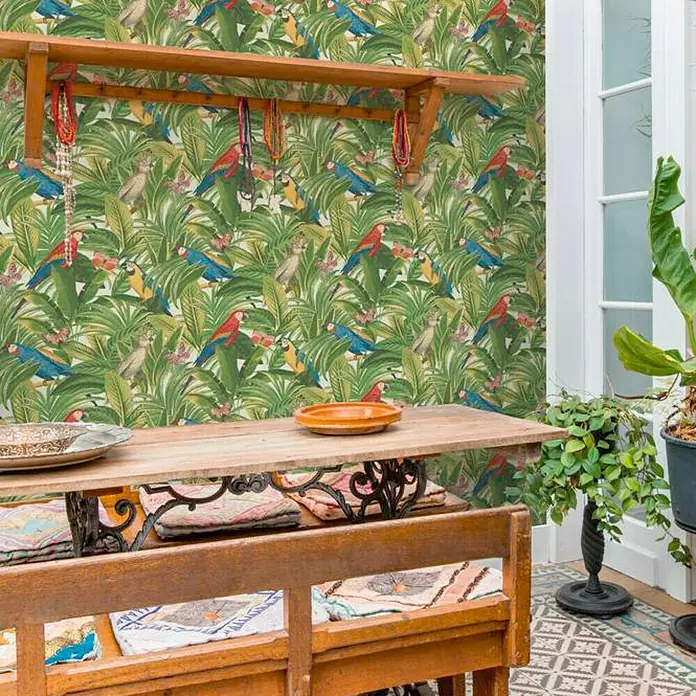 Papel pintado Loros verdes - Verde, 10,05 x 0,53 m
