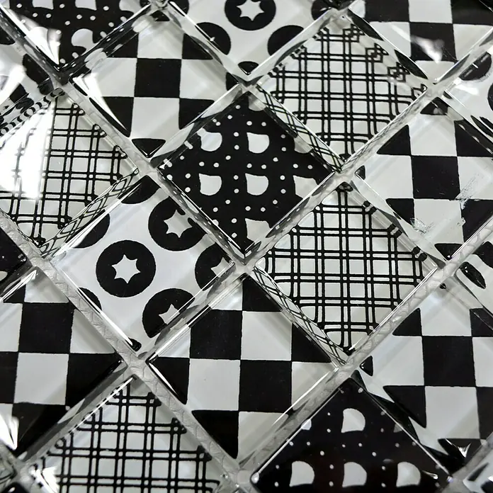 Mosaikfliese Quadrat Crystal Mix XCM 8OP5 - 31,8 x 31,8 cm, Schwarz/Weiß, Glänzend - Detailaufnahme