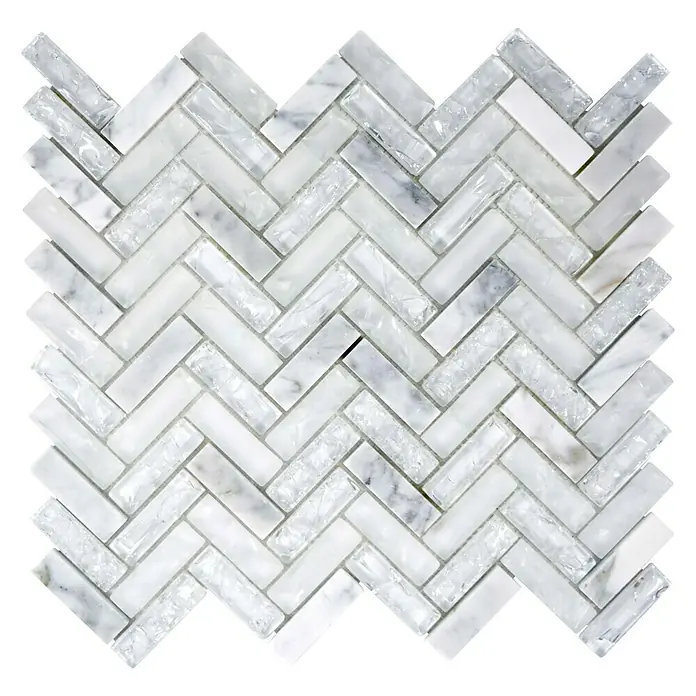 Mosaikfliese Fischgrät Crystal Mix XIC HB1511 - 26,3 x 29,3 cm, Weiß/Grau, Glänzend - Ansicht von oben