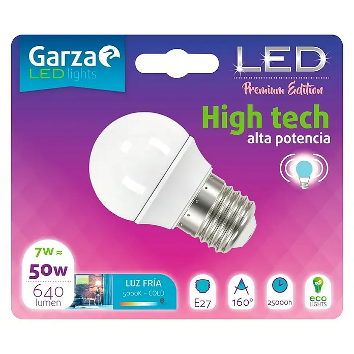 Garza Bombilla LED High Tech - 7 W, E27, Color de luz: Blanco frío, No regulable, Redonda