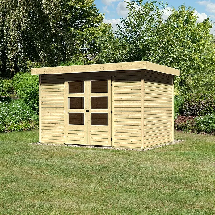 Karibu Gartenhaus Askola - L x B: 217 x 302 cm, Wandstärke: 19 mm, Flachdach, Natur - Vorderansicht