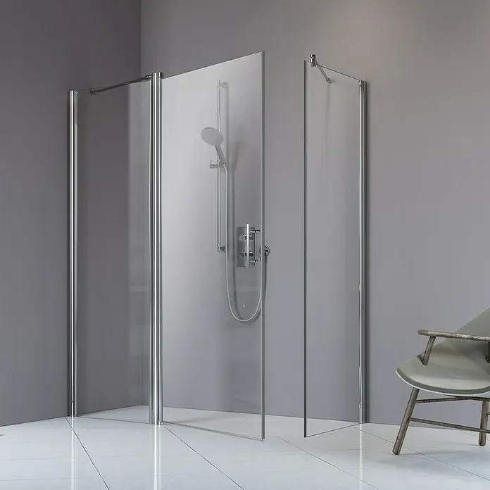 Camargue Vario Eckdusche S3+S16+S7+S18 - 150 x 90 x 195 cm, Silber, Stärke: 6 mm - Vorderansicht
