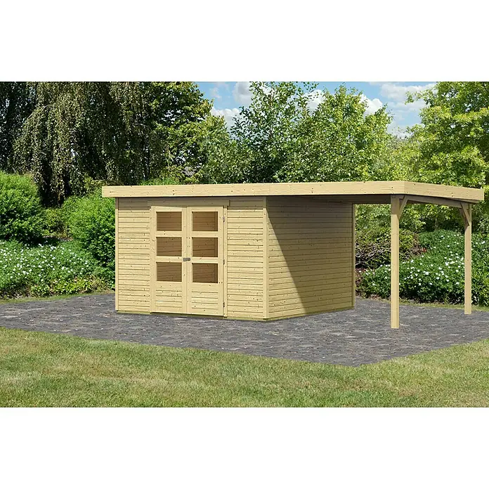 Karibu Gartenhaus Askola - L x B: 306 x 522 cm, Wandstärke: 19 mm, Flachdach, Natur, Mit Anbau - Stimmungsaufnahme
