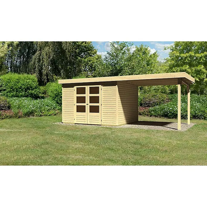 Karibu Gartenhaus Askola - L x B: 246 x 557 cm, Wandstärke: 19 mm, Flachdach, Natur, Mit Anbau - Stimmungsaufnahme