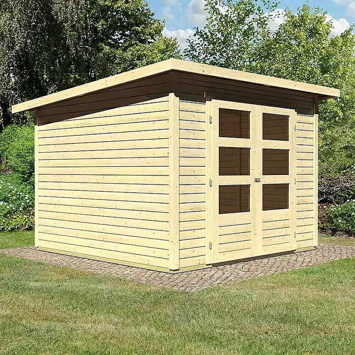 Karibu Gartenhaus Stockach - L x B: 246 x 246 cm, Wandstärke: 19 mm, Pultdach, Natur - Linke Seitenansicht