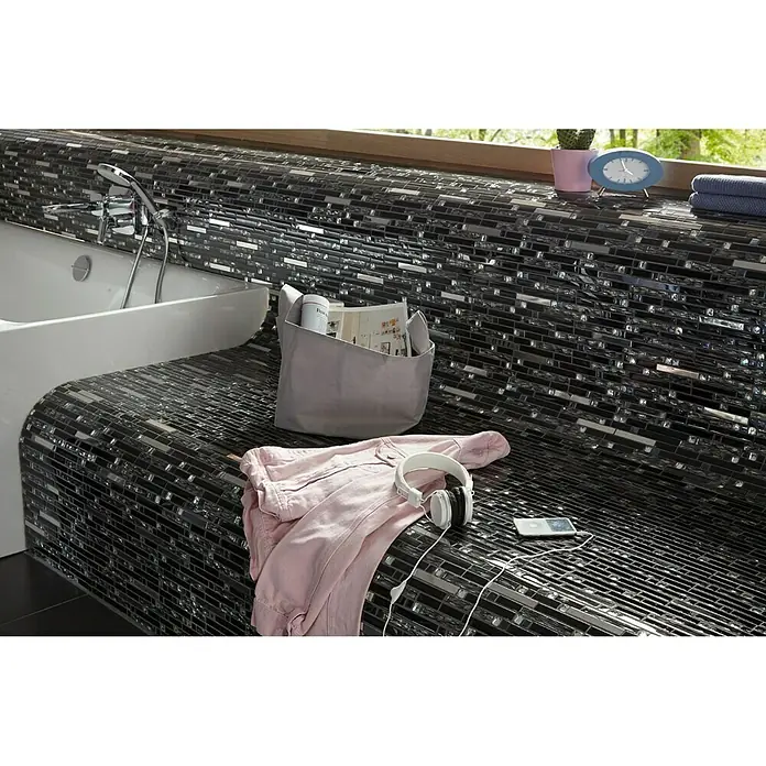 Mosaikfliese Crystal Mix - 29,8 x 33,8 cm, Schwarz, Glänzend - Vorderansicht