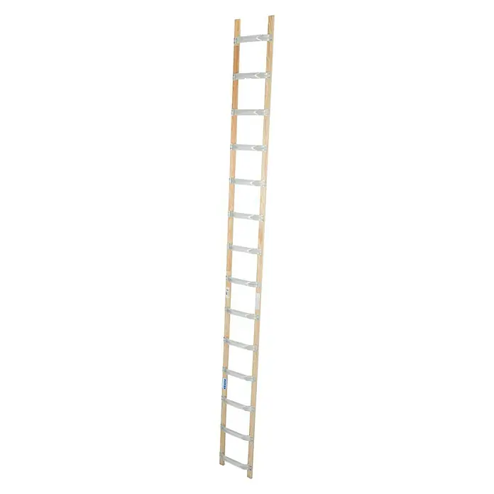 Krause Dachleiter - Länge: 3,9 m, 14 Sprossen, Holzart Holme: Schichtholz, Material Sprossen: Aluminium - Linke Seitenansicht