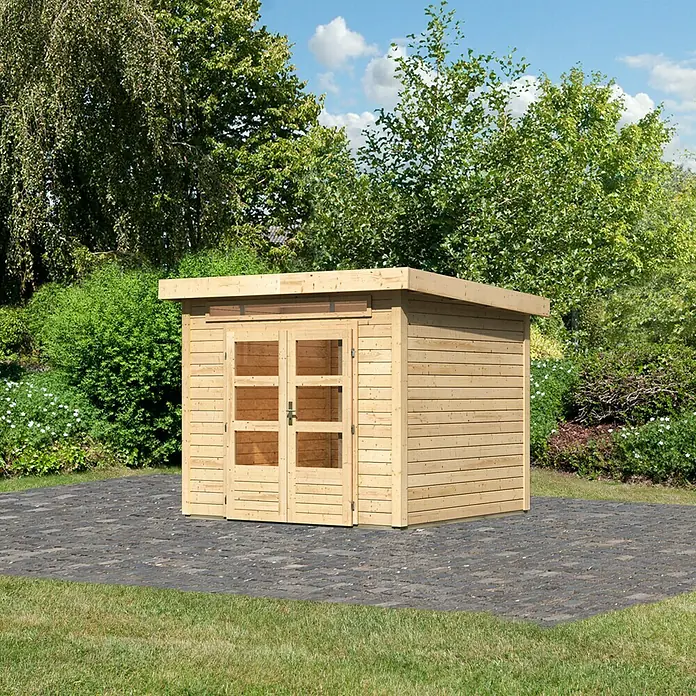Karibu Gartenhaus Kandern 3 - 244 x 244 cm, Wandstärke: 28 mm, Flachdach, Natur - Rechte Seitenansicht