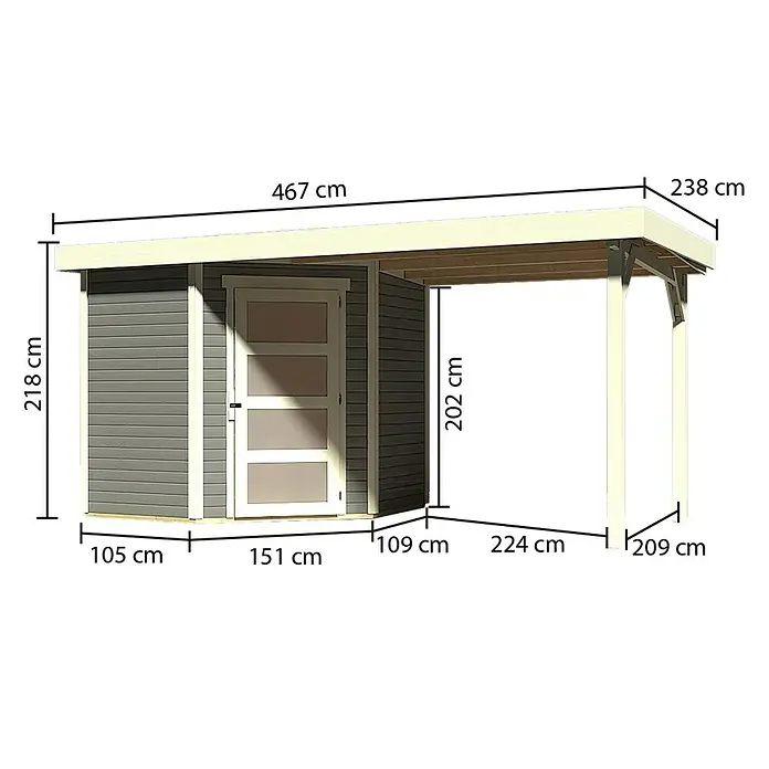 Karibu Gartenhaus Schwandorf 3 - 482 x 238 cm, Wandstärke: 19 mm, Flachdach, Weiß, Terragrau, Ausführung: Mit Anbau - Rechte Seitenansicht