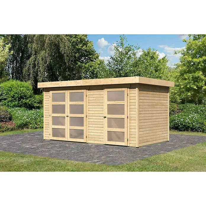 Karibu Gartenhaus Mühlentrup - 238 x 428 cm, 19 mm, Flachdach, Natur - Rechte Seitenansicht