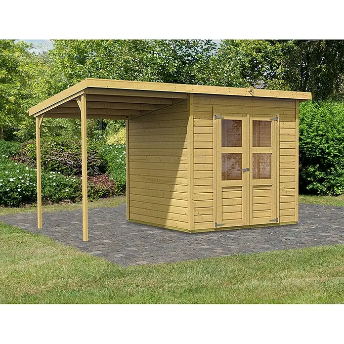 Karibu Gartenhaus Merseburg 4 - 236 x 390 cm, Wandstärke: 14 mm, Pultdach - Rechte Seitenansicht