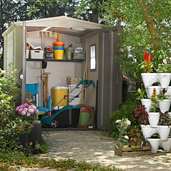 Keter Caseta para jardín Factor 6x6 - Ancho exterior incluido el voladizo del techo: 195,5 cm, Profundidad exterior incluido el voladizo del techo: 178 cm, Plástico, Taupe/Beige